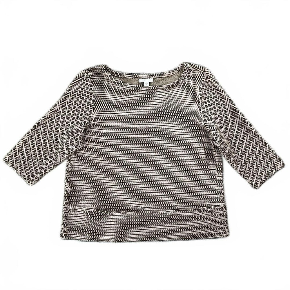 J Jill Ponte Top Womens Medium Brown Geometric Boat Neck 3/4 Sleeve Pockets